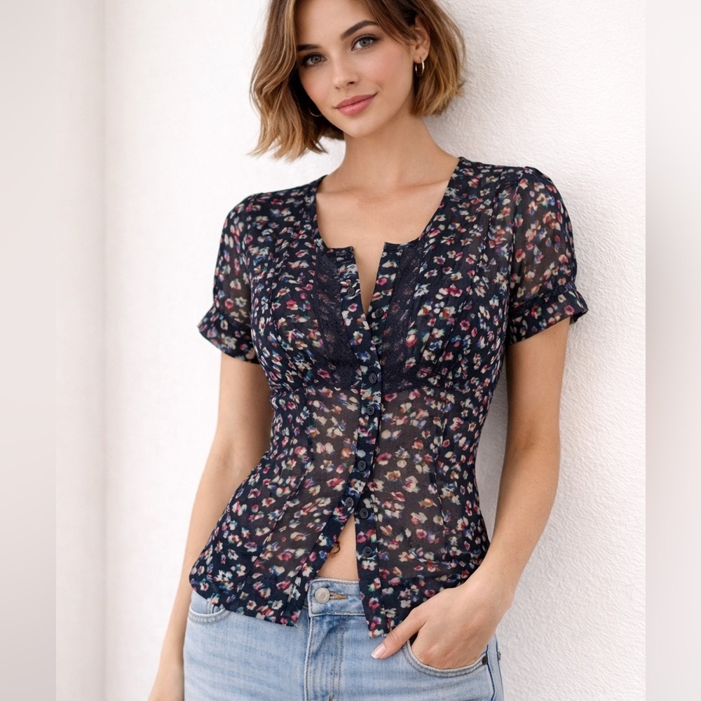 American Eagle Outfitters Y2K sheer floral blouse lace puff sleeve babydoll S